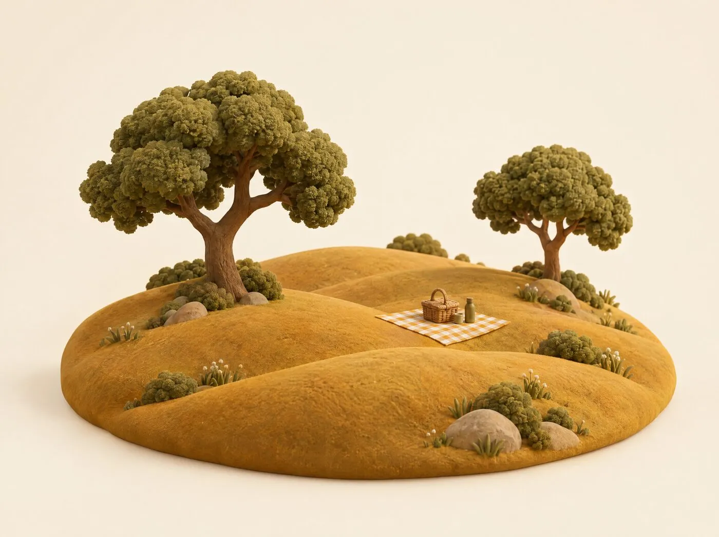 Clay landscape of golden rolling hills and oak trees, with a picnic blanket and basket between them